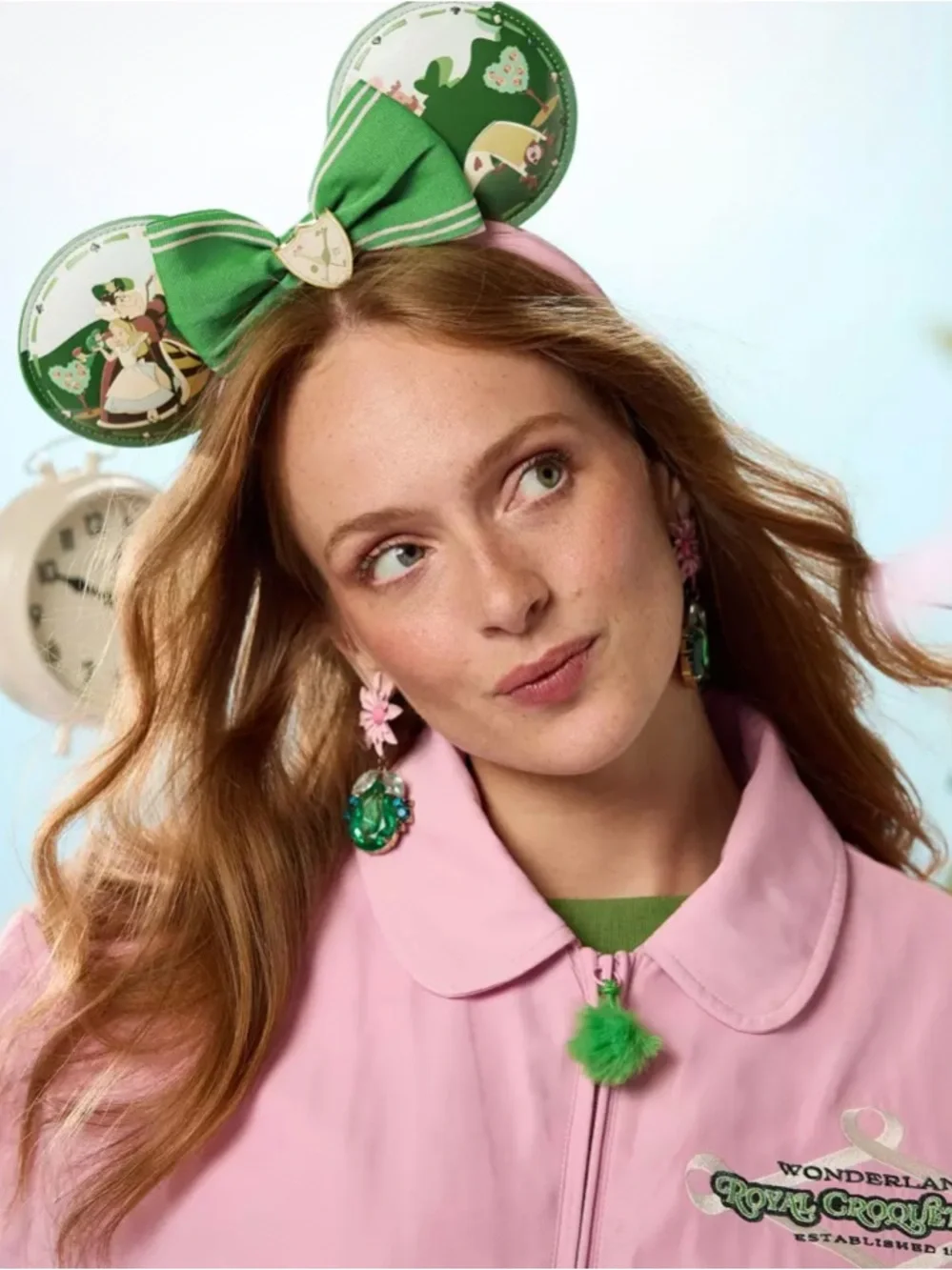 D23 BRAND NEW Alice in Wonderland Kids Ear Headband with Green Bow and Pink Band